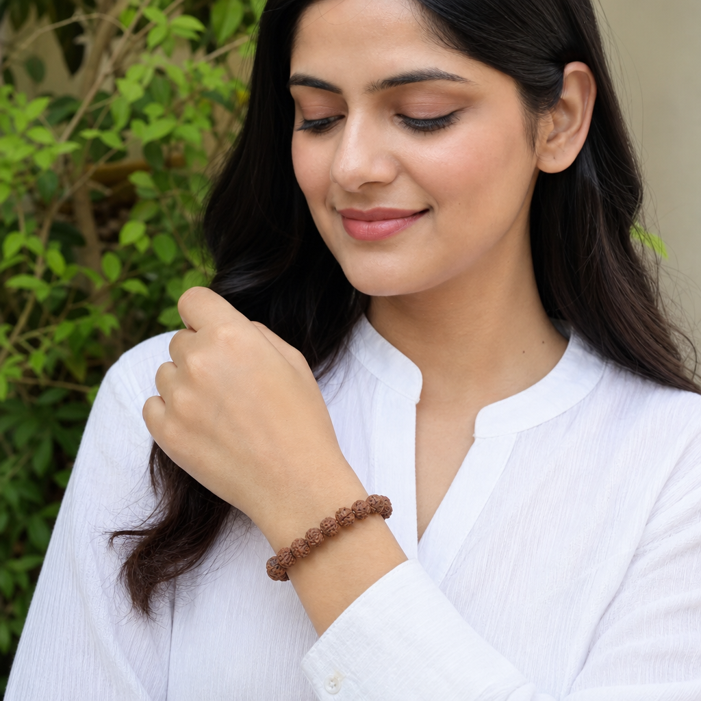 Woman wearing 5 Mukhi Rudraksha Bracelet