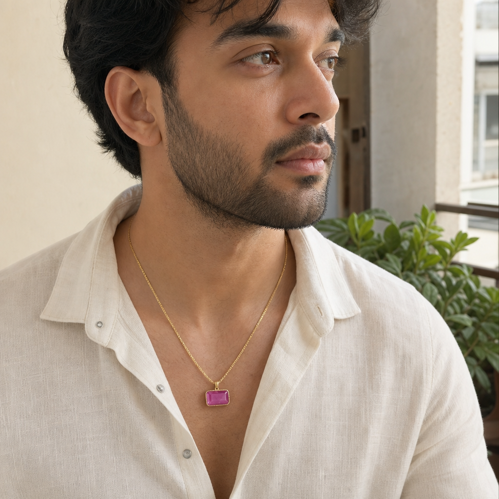 African Ruby man wearing gemstone pendant