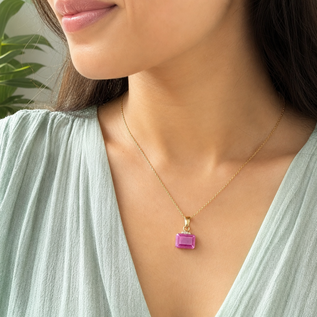 African Ruby woman wearing gemstone pendant