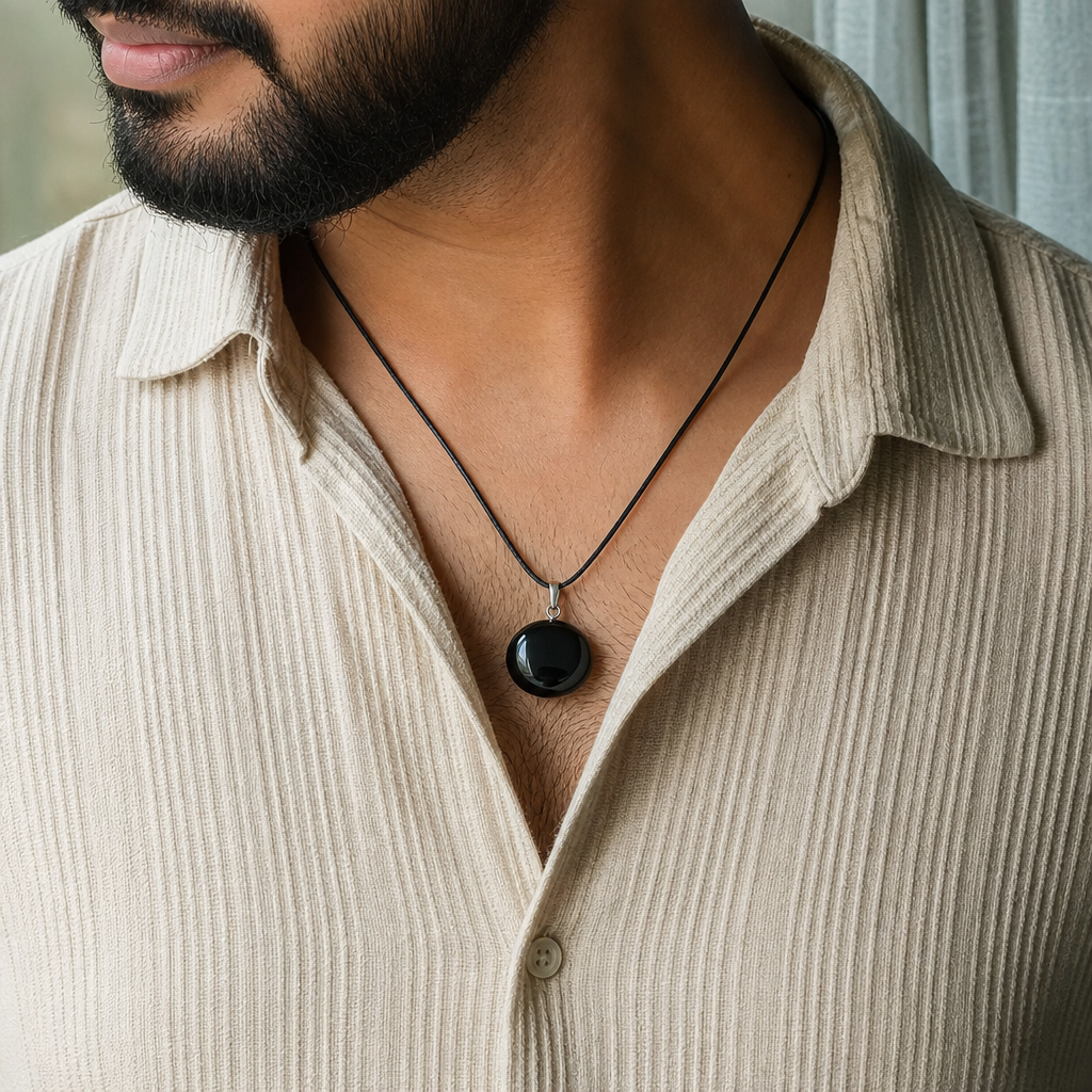 Agate man wearing gemstone pendant