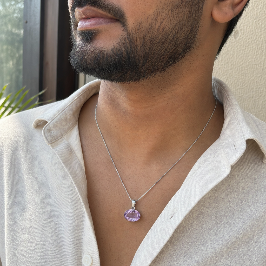 Amethyst man wearing gemstone pendant
