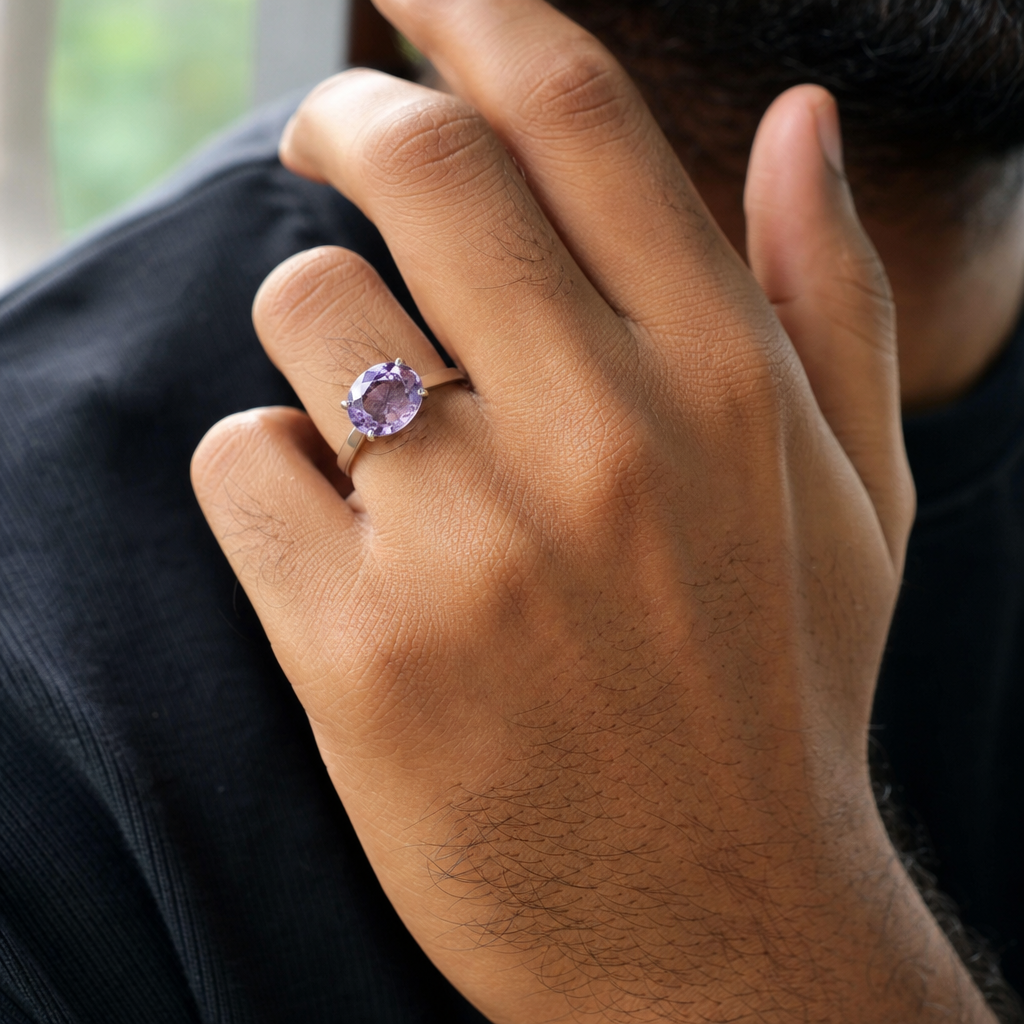 Amethyst man wearing gemstone ring