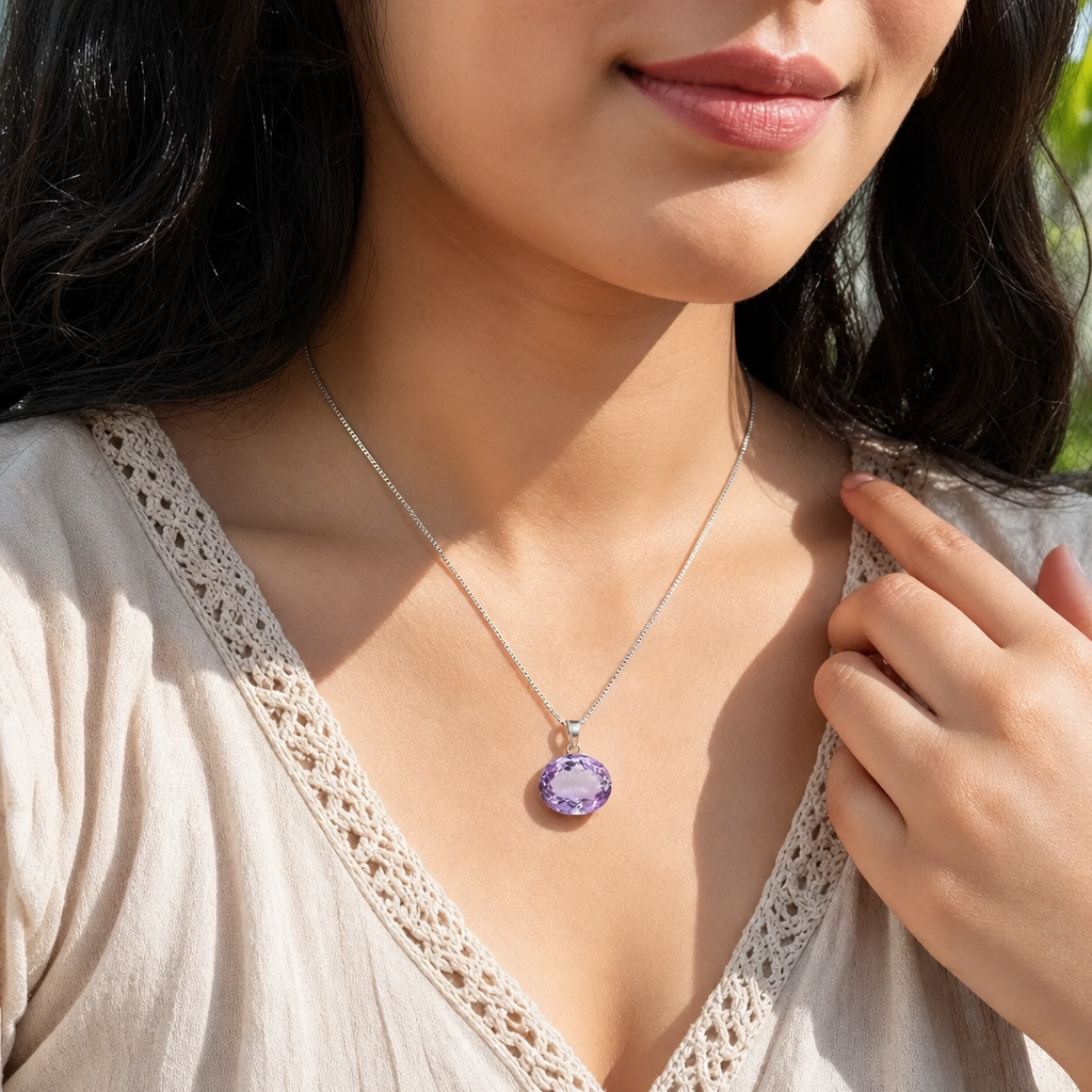 Amethyst woman wearing gemstone pendant