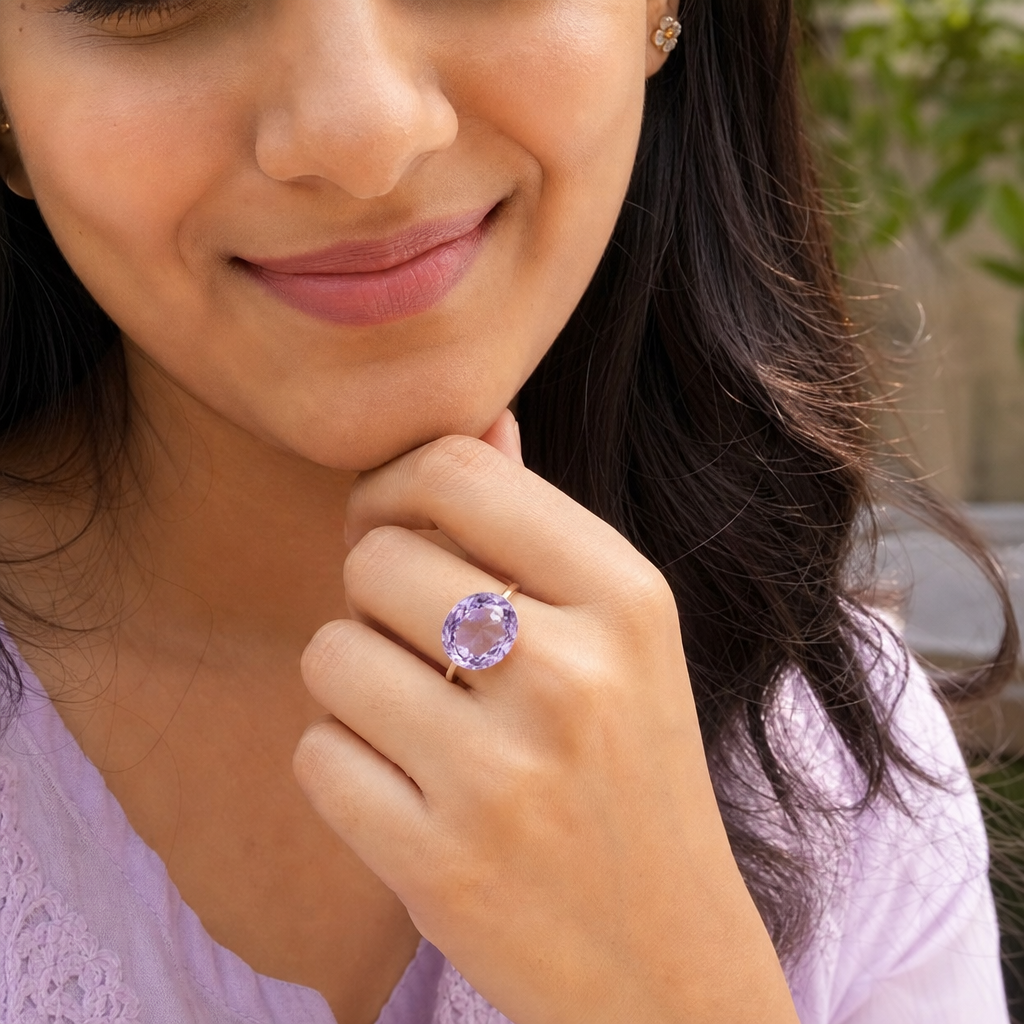 Amethyst woman wearing gemstone ring