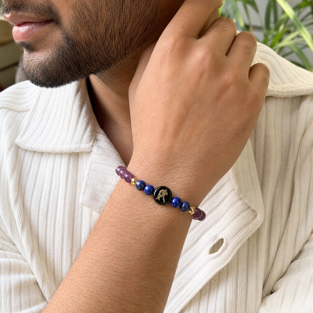 Man wearing Aquarius (कुंभ राशि) Zodiac Amethyst & Lapis Lazuli Bracelet for Women