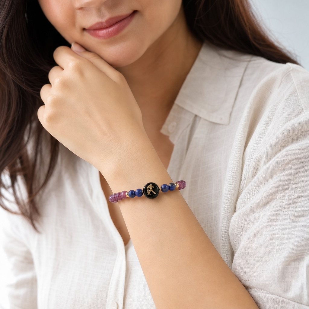 Woman wearing Aquarius (कुंभ राशि) Zodiac Amethyst & Lapis Lazuli Bracelet for Women