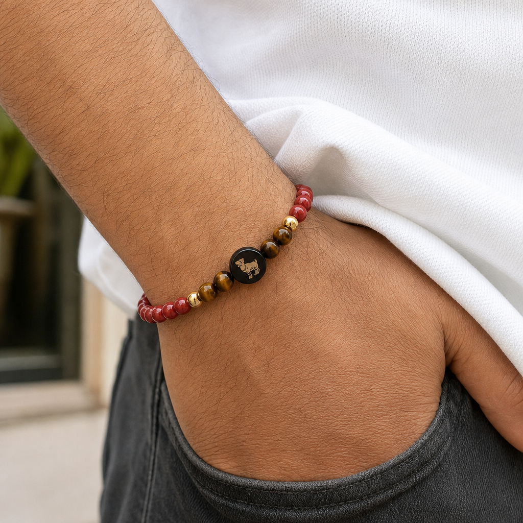 Man wearing Aries (मेष राशि) Zodiac Red Jasper & Tiger Eye Bracelet for Women