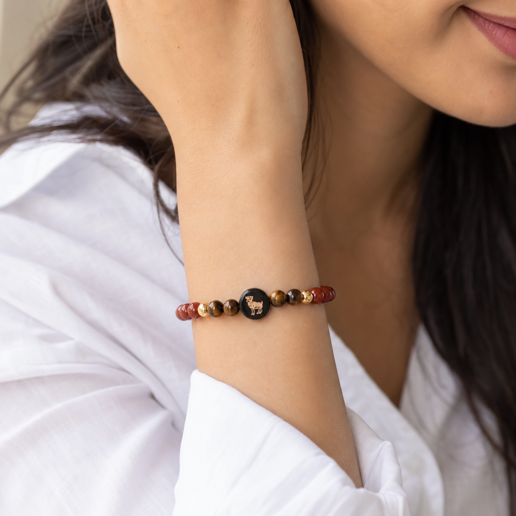 Woman wearing Aries (मेष राशि) Zodiac Red Jasper & Tiger Eye Bracelet for Women