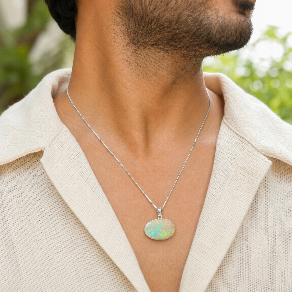 Australian Fire Opal man wearing gemstone pendant