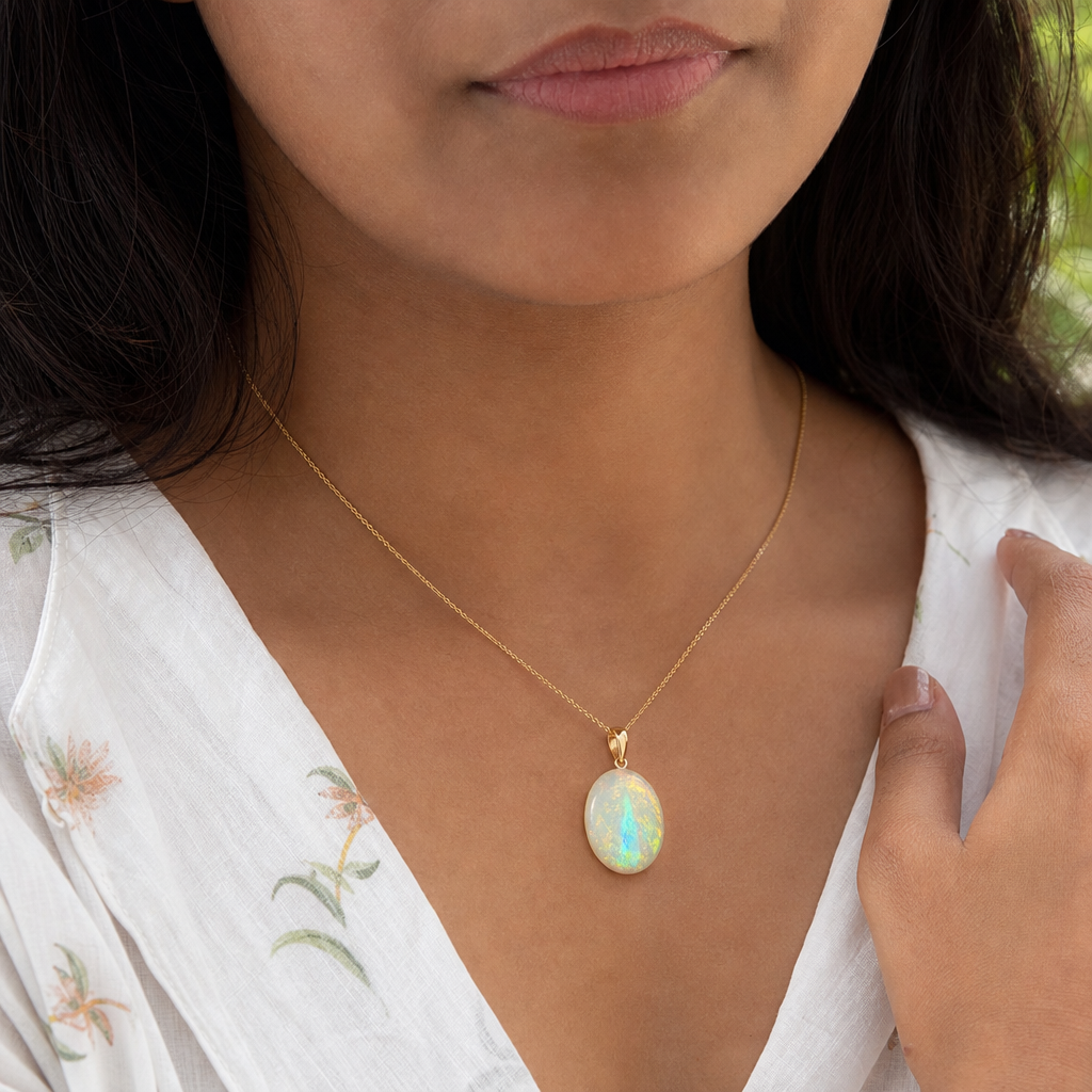 Australian Fire Opal woman wearing gemstone pendant