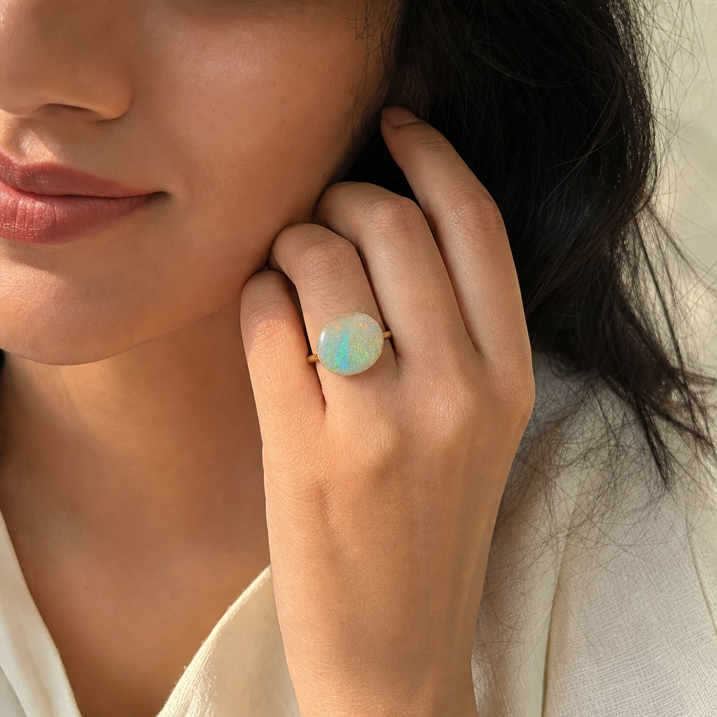 Australian Fire Opal woman wearing gemstone ring