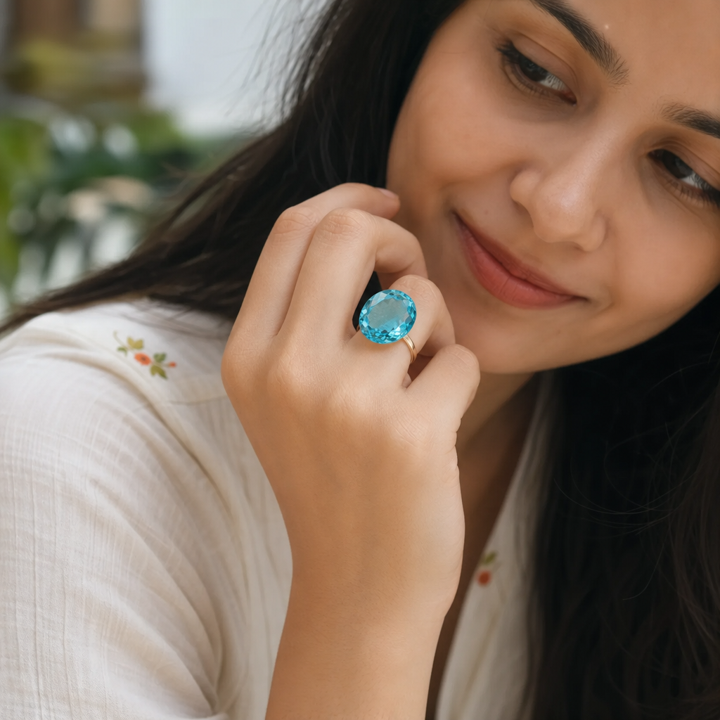 Blue Topaz woman wearing gemstone ring
