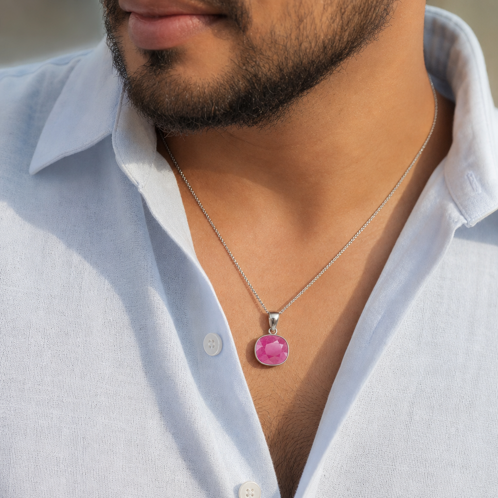 Burmese Heated Ruby man wearing gemstone pendant