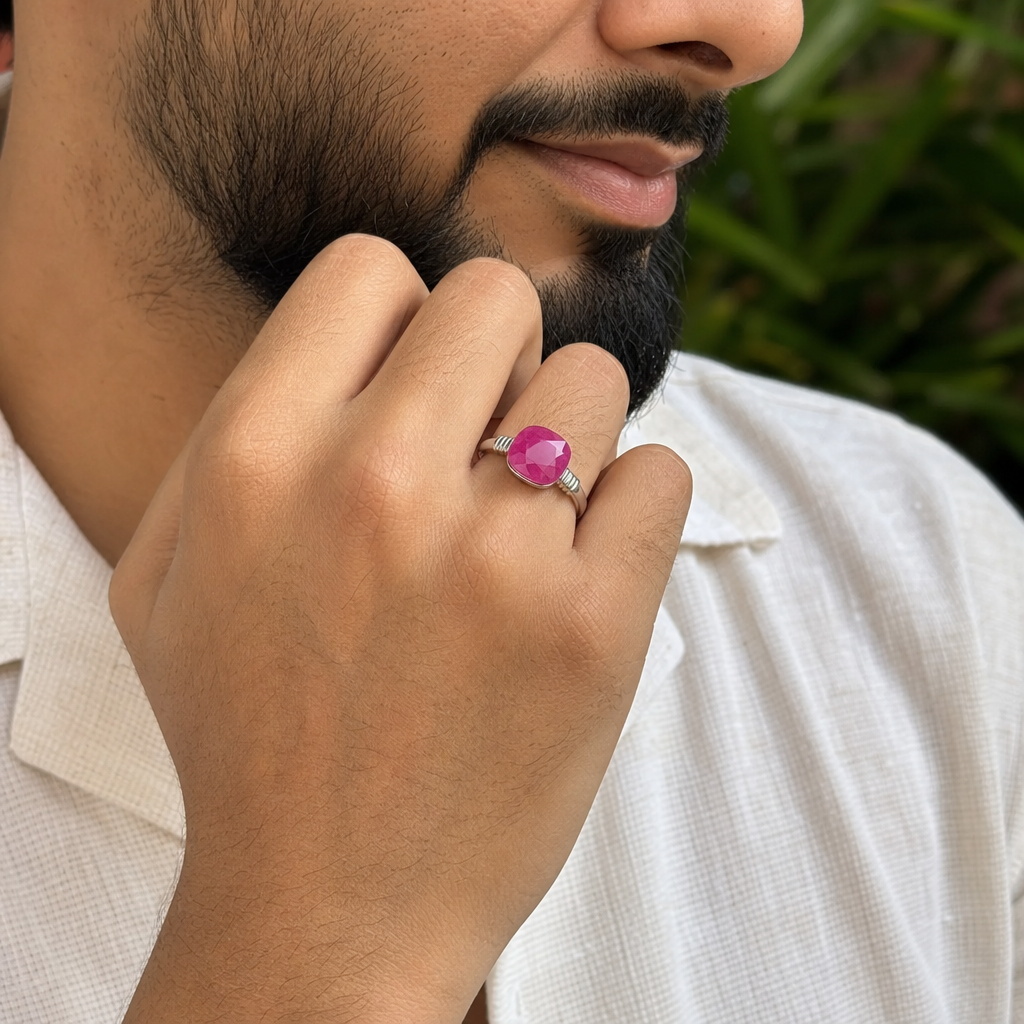 Burmese Heated Ruby man wearing gemstone ring