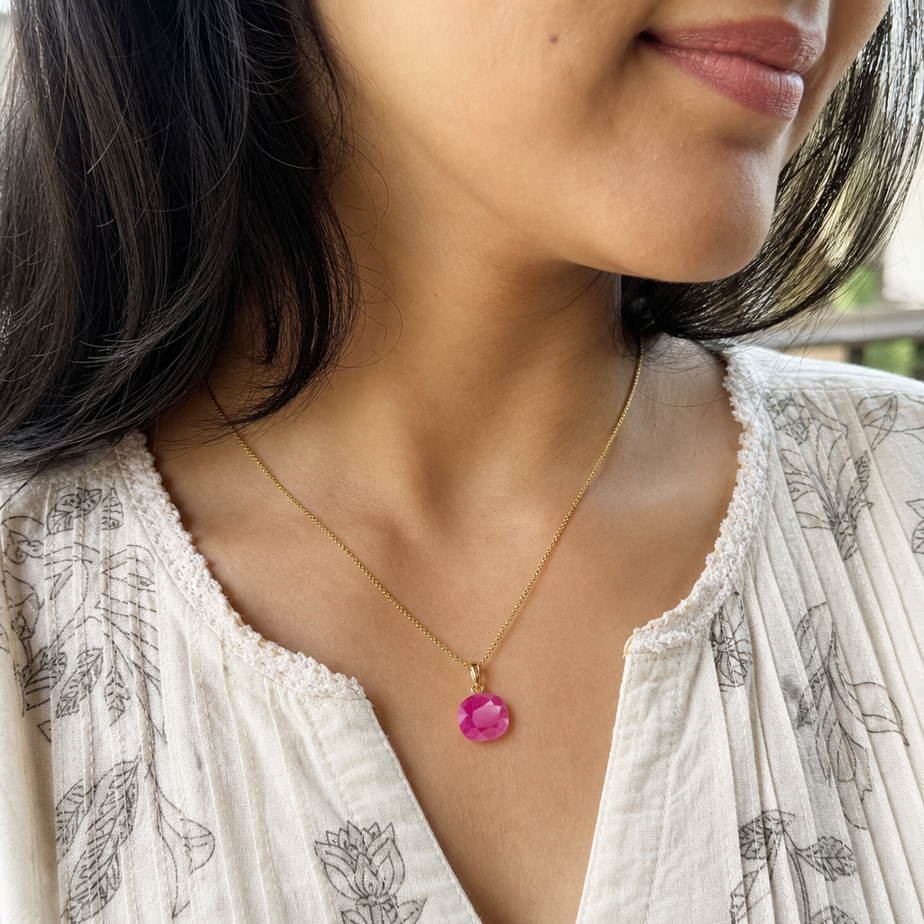 Burmese Heated Ruby woman wearing gemstone pendant