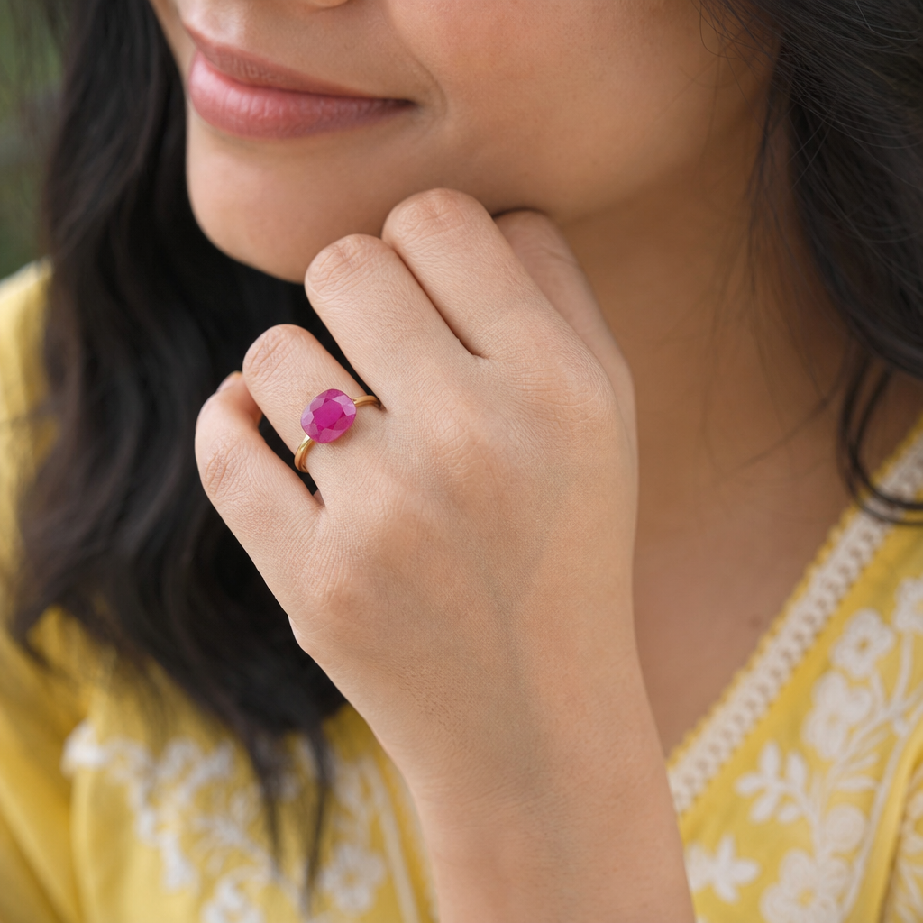 Burmese Heated Ruby woman wearing gemstone ring