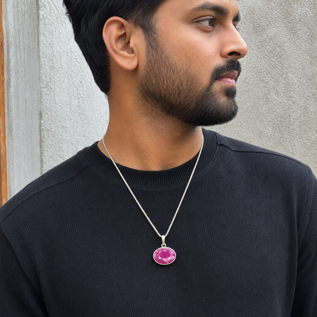 Burmese Ruby man wearing gemstone pendant
