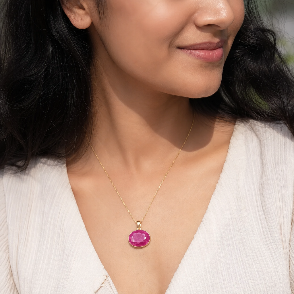 Burmese Ruby woman wearing gemstone pendant