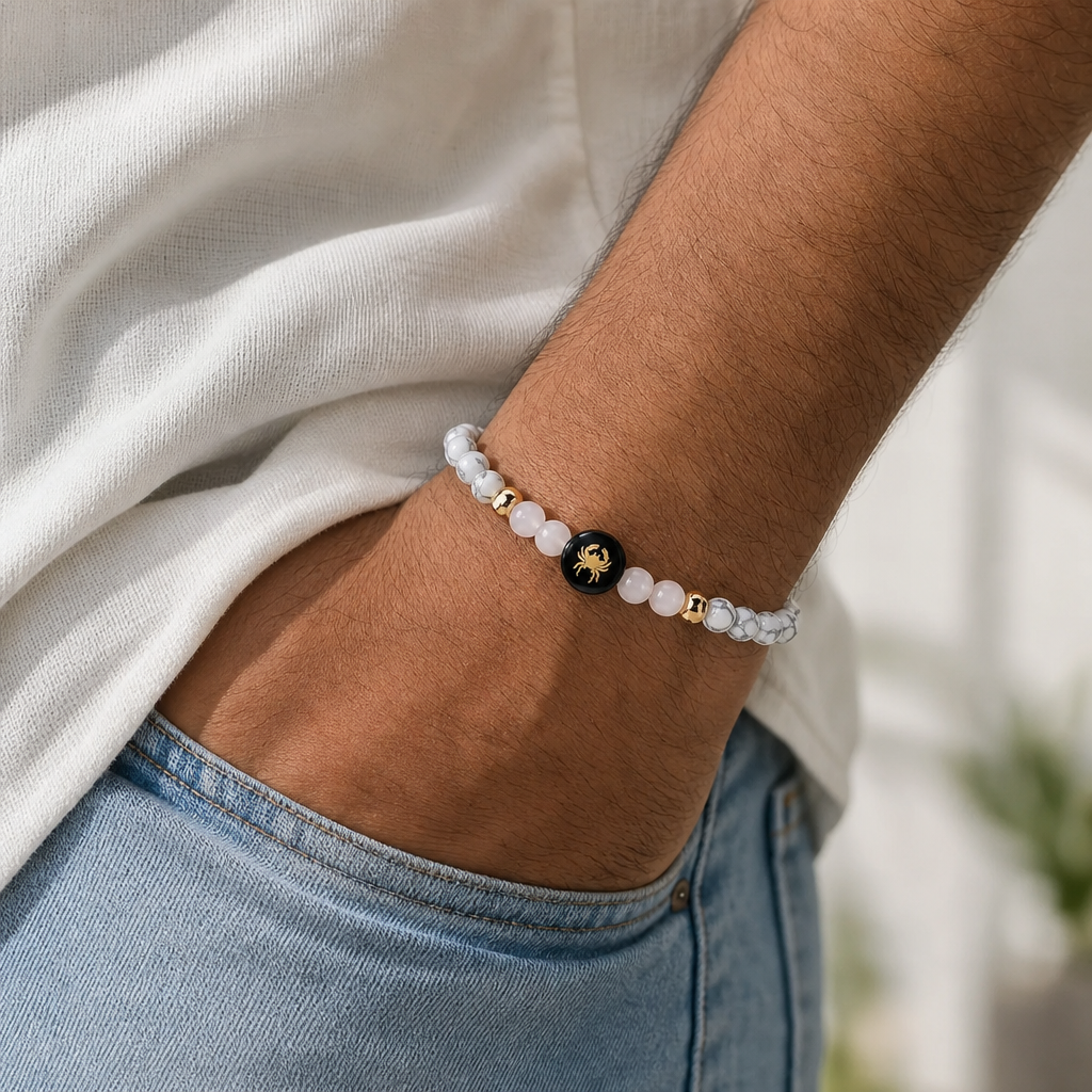Man wearing Cancer (कर्क राशि) Zodiac Howlite & Milky Quartz Bracelet for Women
