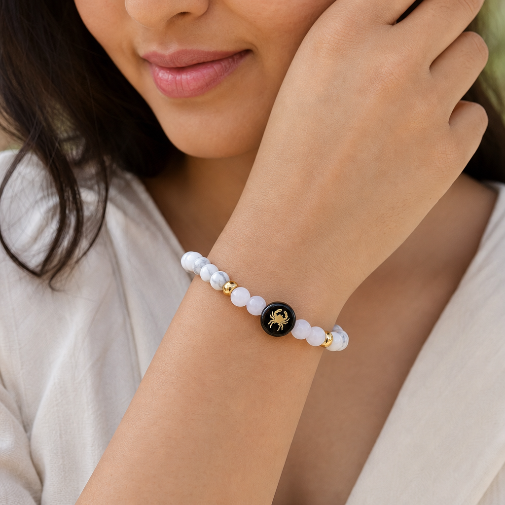 Woman wearing Cancer (कर्क राशि) Zodiac Howlite & Milky Quartz Bracelet for Women