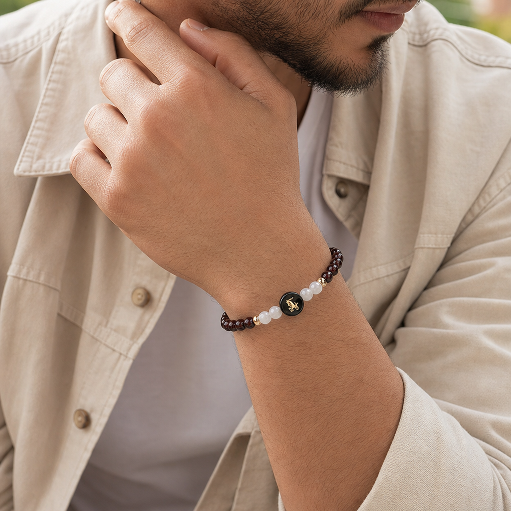 Man wearing Capricorn (मकर राशि) Zodiac Garnet & Milky Quartz Bracelet for Women