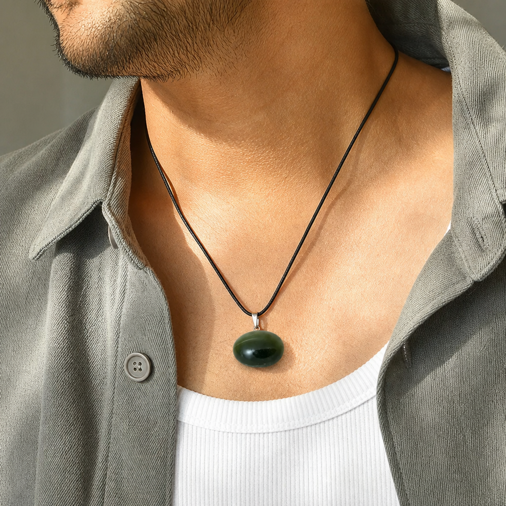 Cat's Eye man wearing gemstone pendant