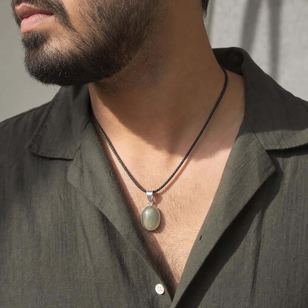 Ceylon Cat's Eye man wearing gemstone pendant