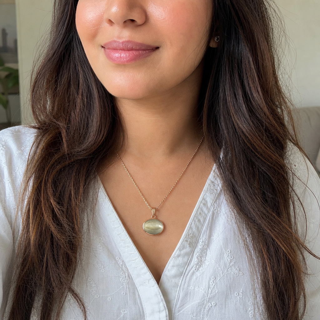 Ceylon Cat's Eye woman wearing gemstone pendant