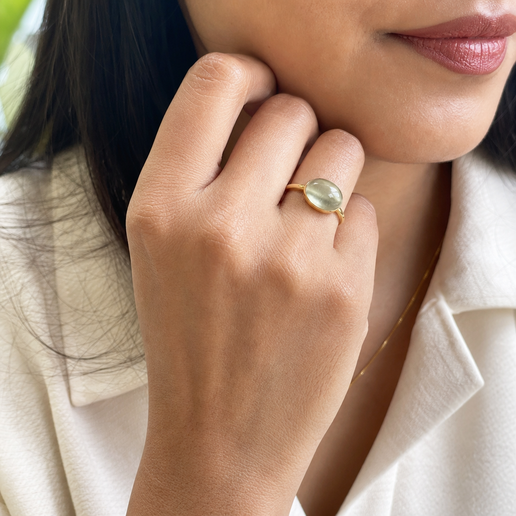 Ceylon Cat's Eye woman wearing gemstone ring