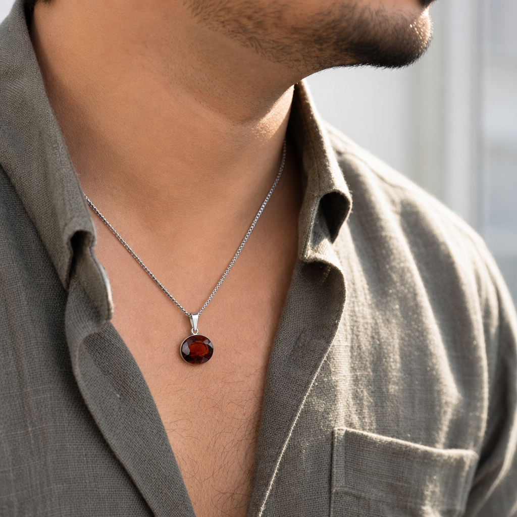 Ceylon Hessonite man wearing gemstone pendant