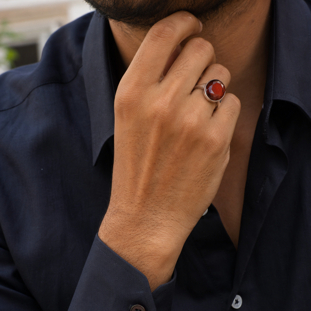 Ceylon Hessonite man wearing gemstone ring
