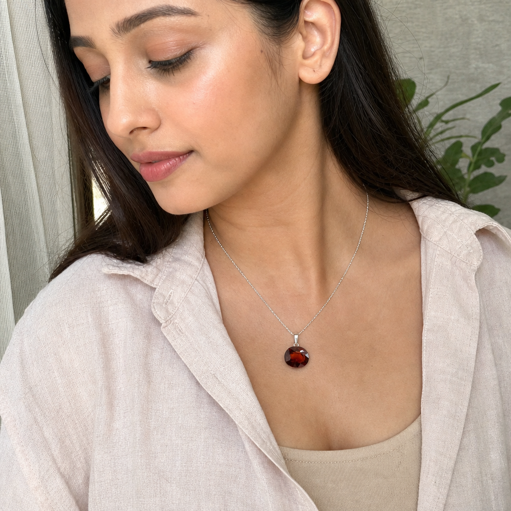 Ceylon Hessonite woman wearing gemstone pendant