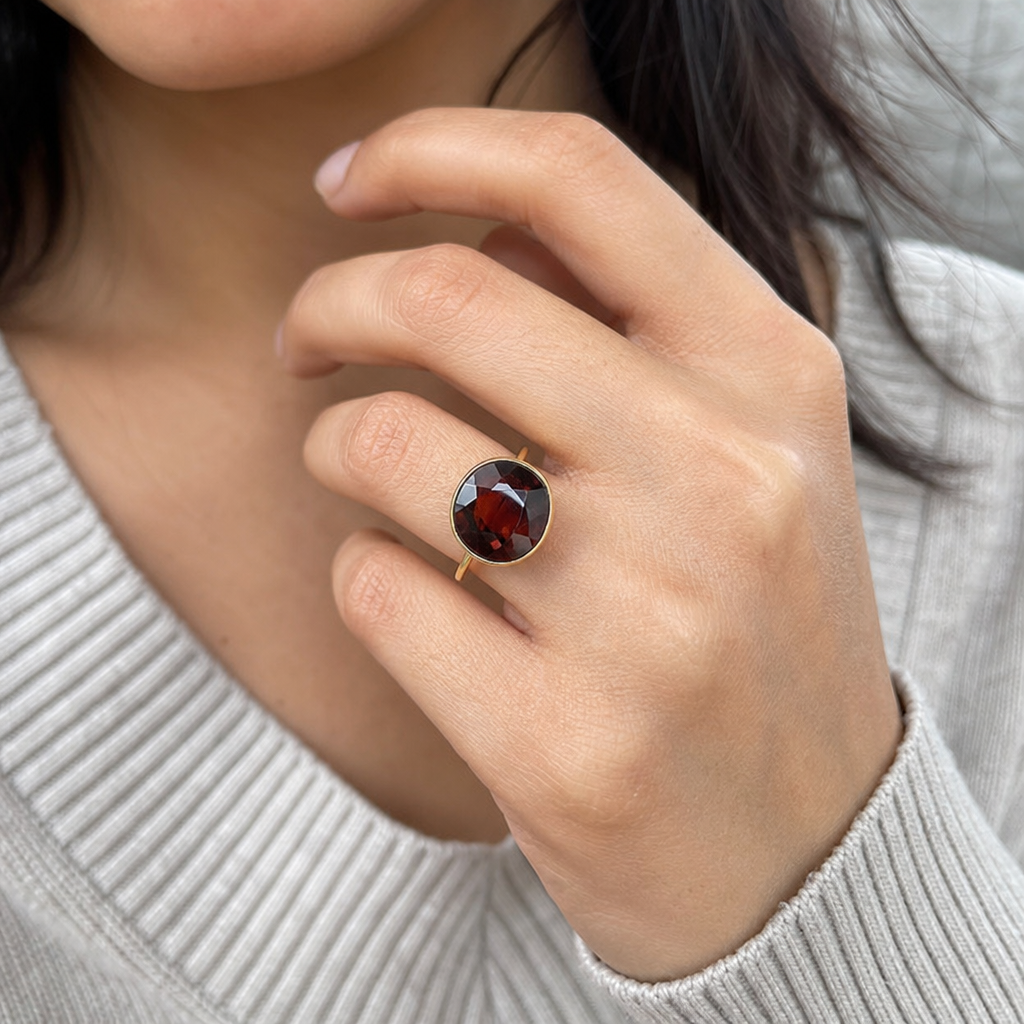 Ceylon Hessonite woman wearing gemstone ring