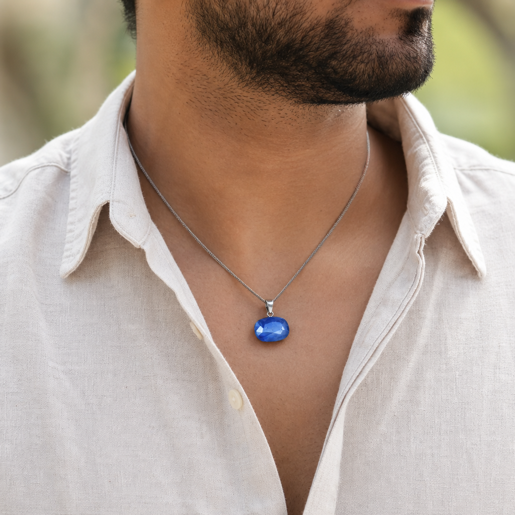 Ceylon Neelam man wearing gemstone pendant