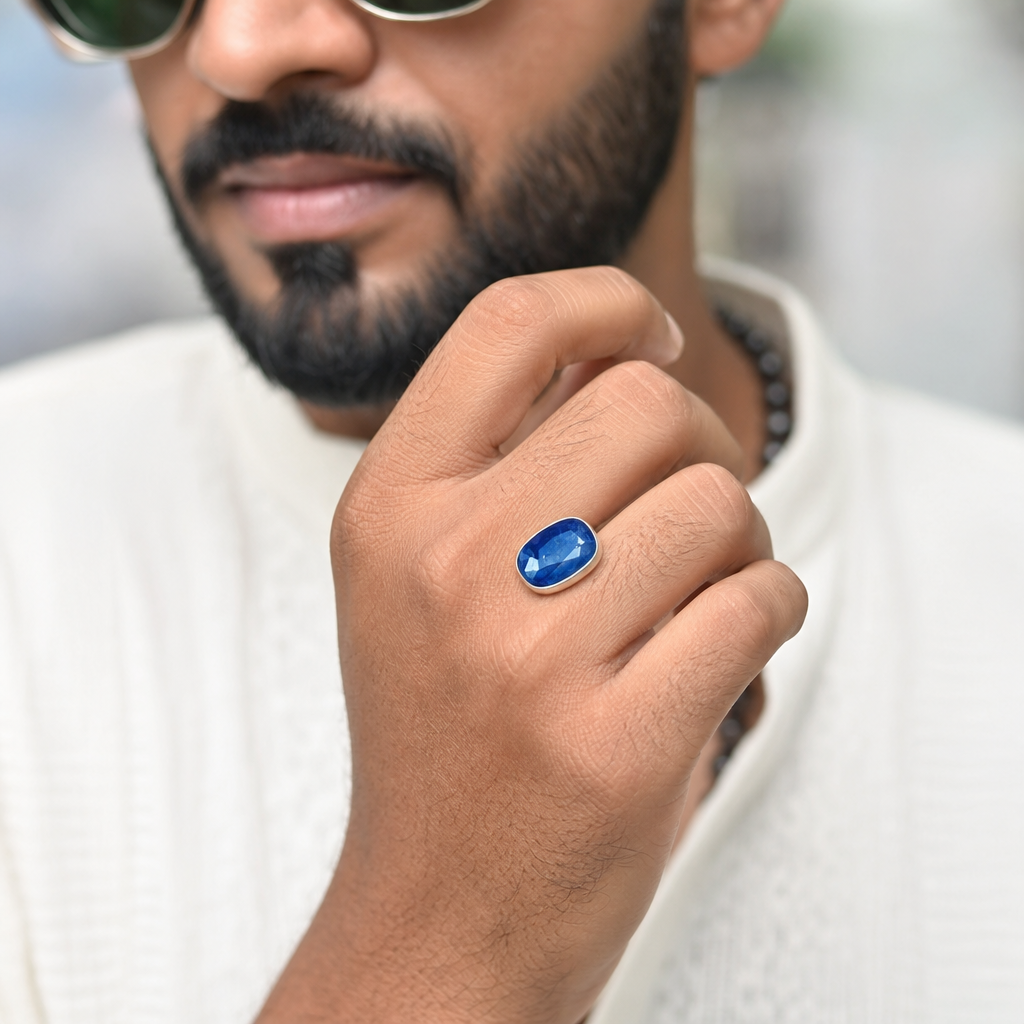 Ceylon Neelam man wearing gemstone ring