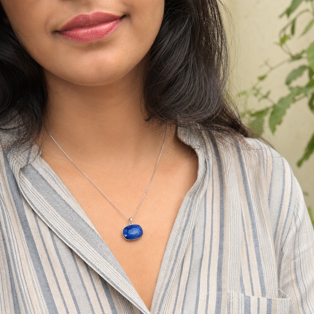 Ceylon Neelam woman wearing gemstone pendant