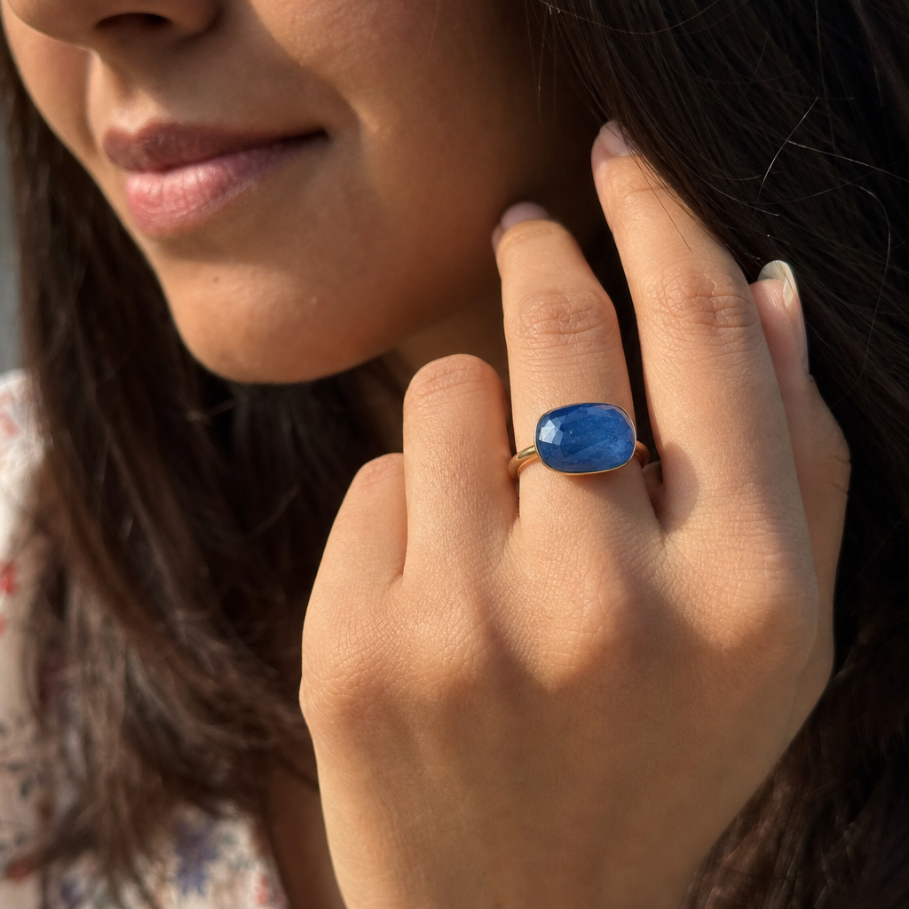 Ceylon Neelam woman wearing gemstone ring