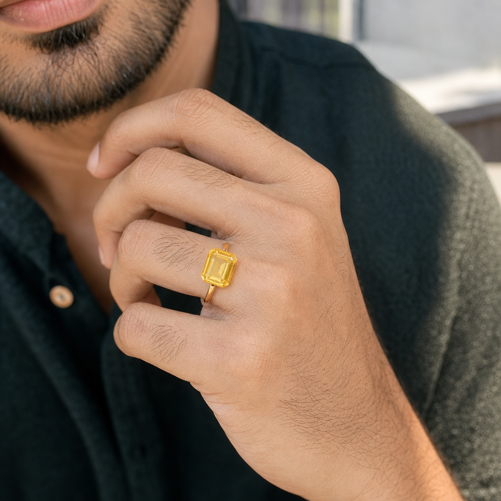Ceylon Pukhraj man wearing gemstone ring