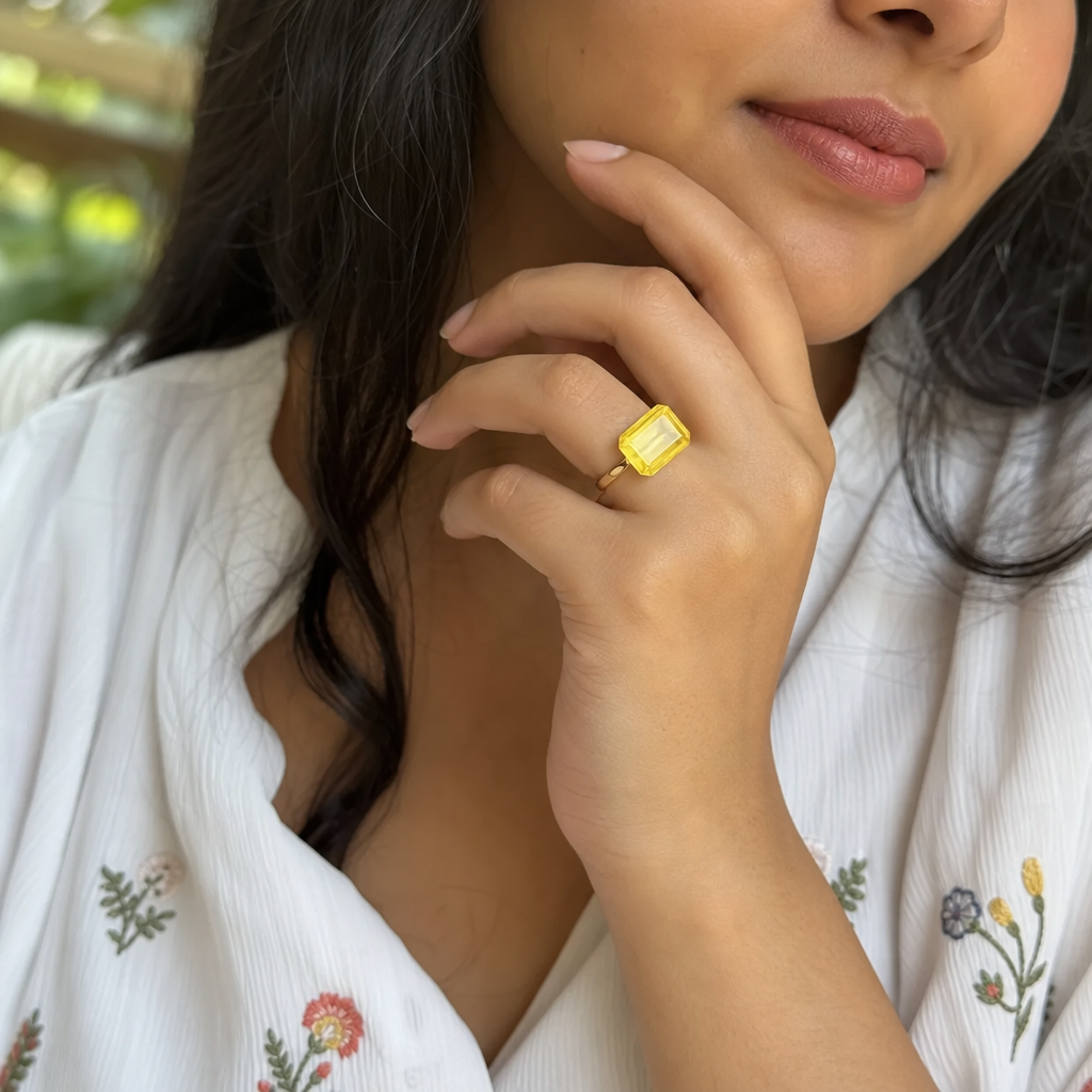 Ceylon Pukhraj woman wearing gemstone ring