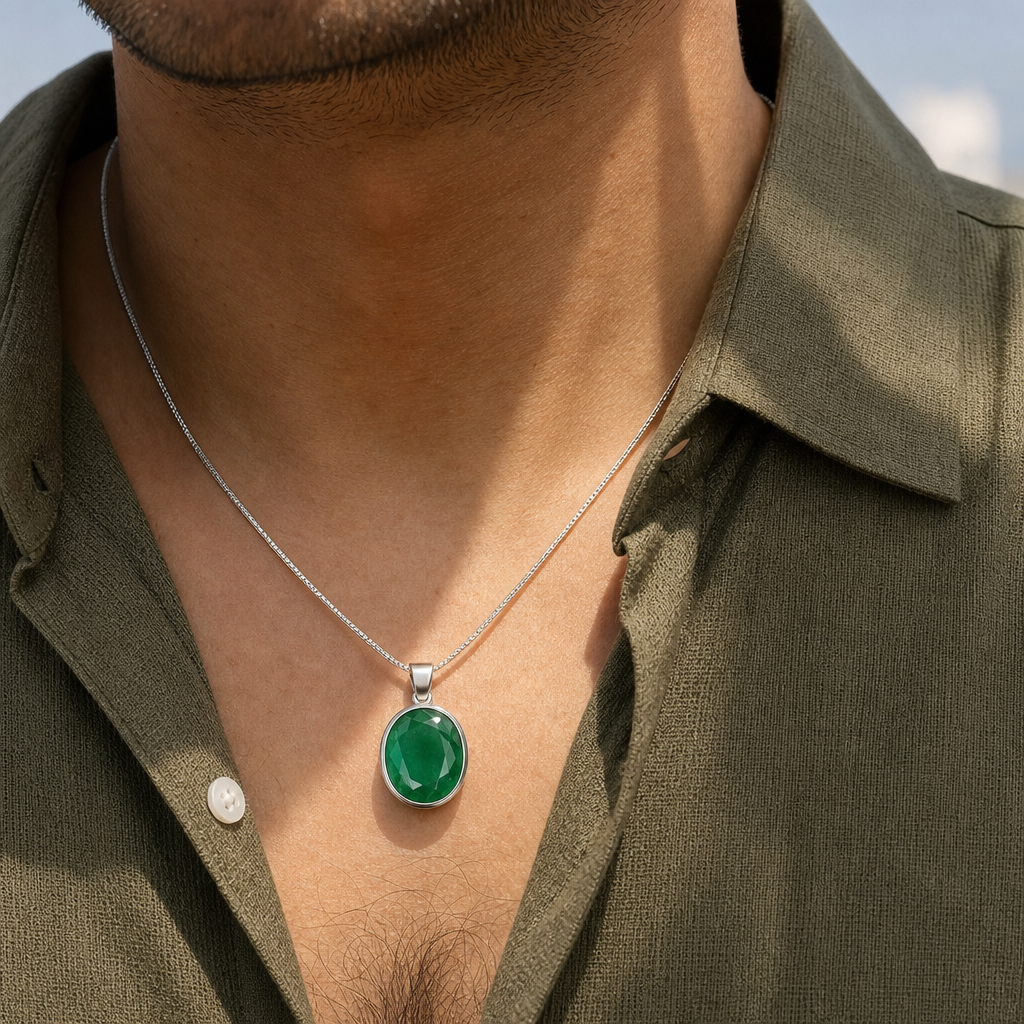 Chalcedony man wearing gemstone pendant
