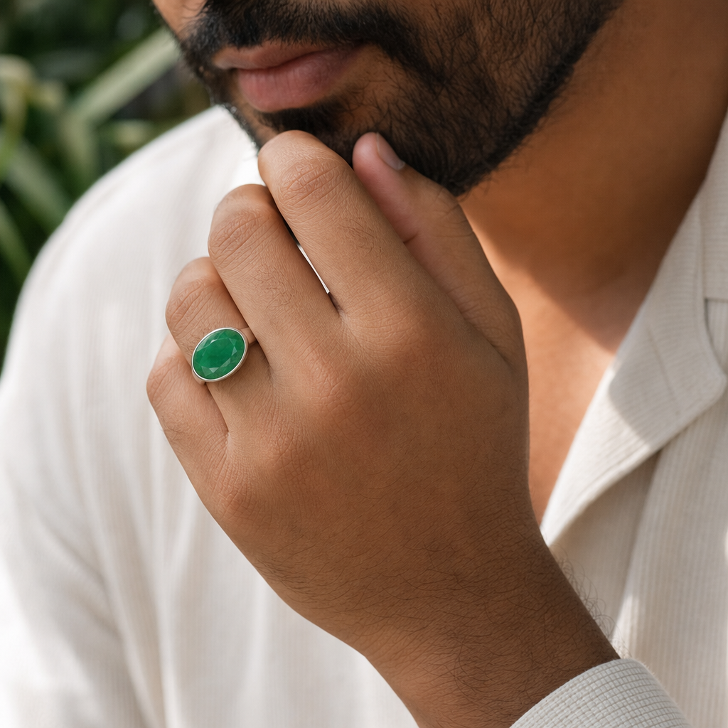 Chalcedony man wearing gemstone ring