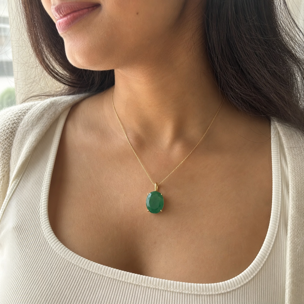 Chalcedony woman wearing gemstone pendant