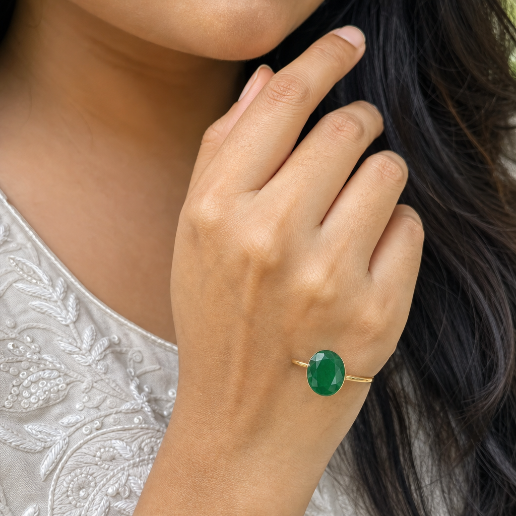 Chalcedony woman wearing gemstone ring