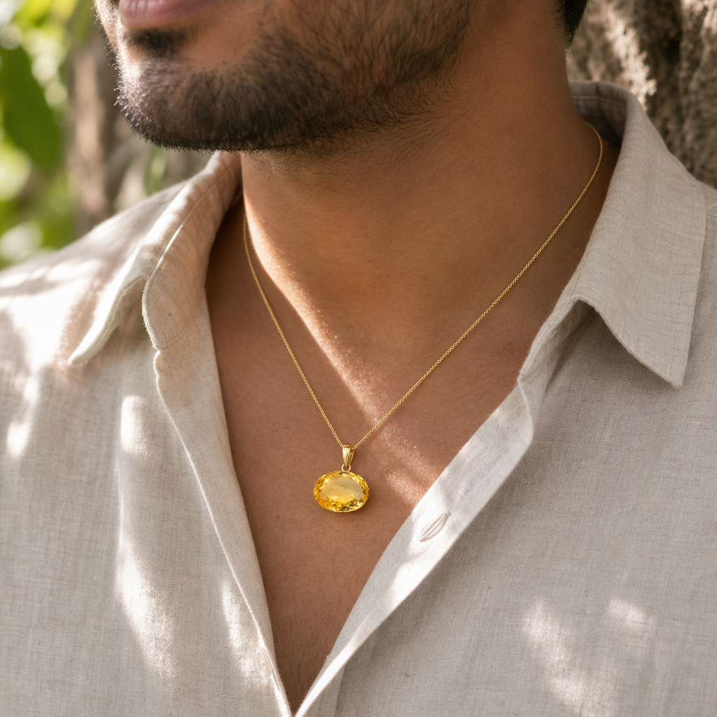 Citrine man wearing gemstone pendant