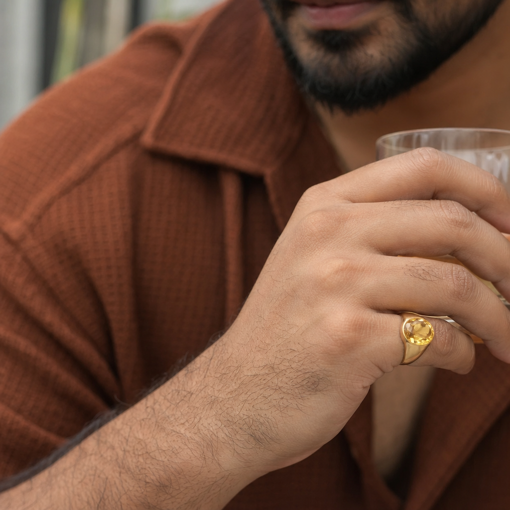 Citrine man wearing gemstone ring