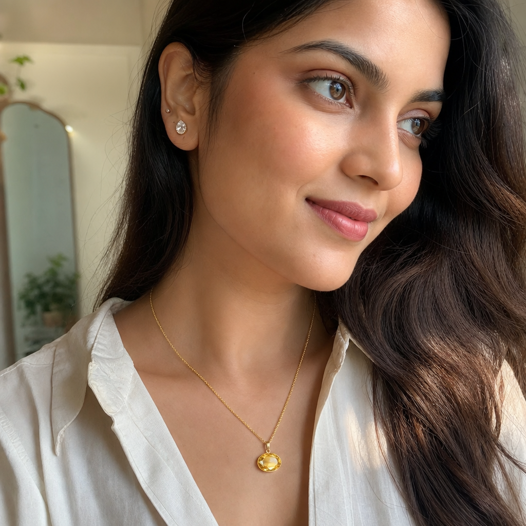 Citrine woman wearing gemstone pendant