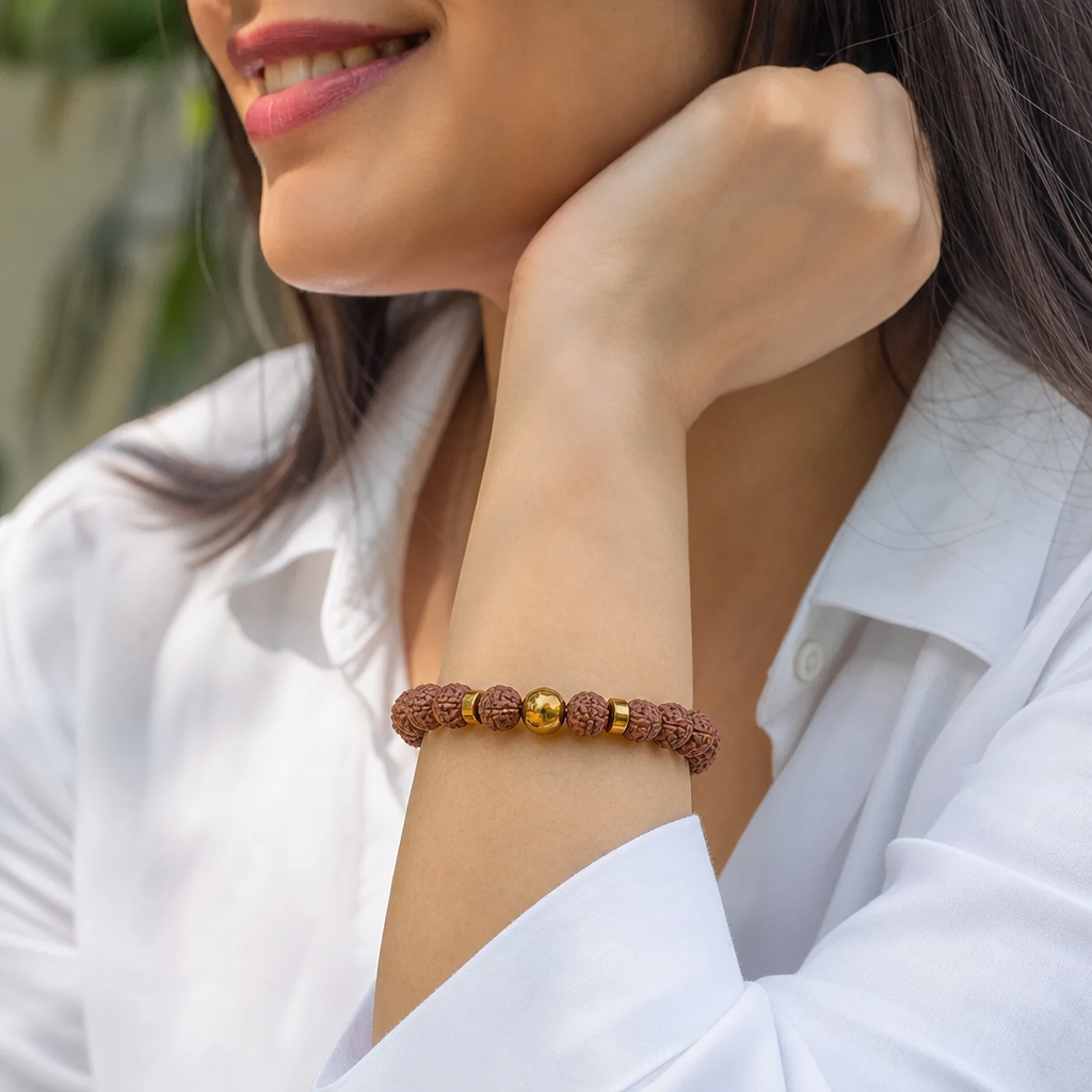 Woman wearing Dhan Rudraksha Bracelet