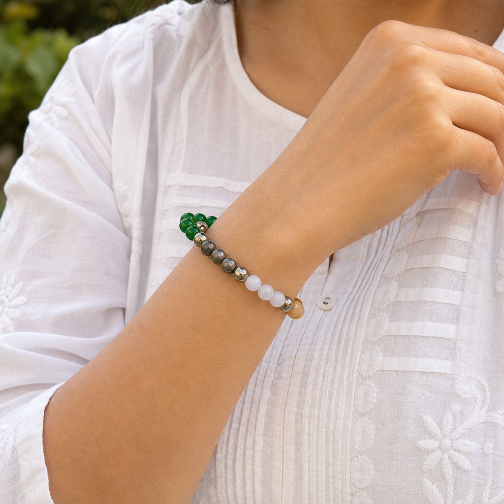 Woman wearing Dhan Yog Bracelet (Lab Certified)