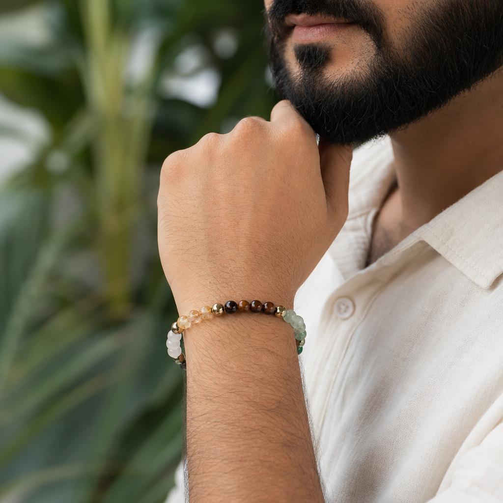 Man wearing Dhan Yog Bracelet (Women - 6mm Beads)