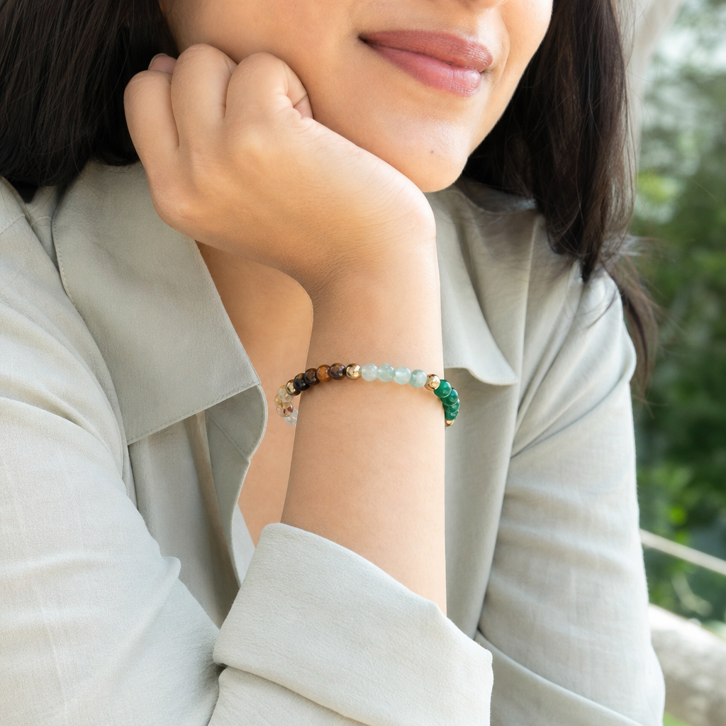 Woman wearing Dhan Yog Bracelet (Women - 6mm Beads)